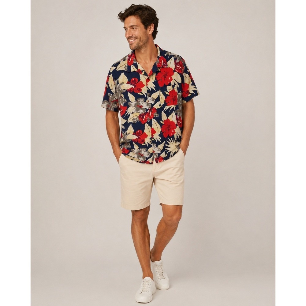 Island Republic Button Front Shirt Mens XL Blue Red Cream Tropical Floral Silk
